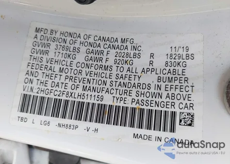 2020 Honda Civic Sport from USA, damaged, VIN 2HGFC2F8XLH511159